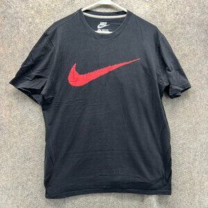 Nike Shirt Mens Large Black Red Crewneck Big Swoosh Logo Regular Fit Cotton